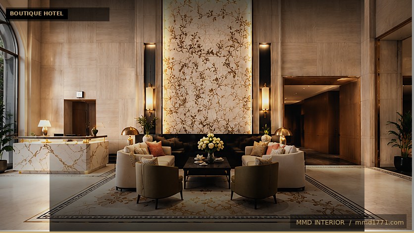 Không gian sảnh boutique hotel sang trọng – sofa luxury, ánh sáng ấm, nội thất đẳng cấp