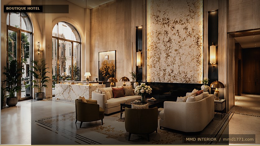 Sảnh lounge boutique hotel – ghế armchair và ánh sáng ấm tạo trải nghiệm nghỉ dưỡng riêng tư