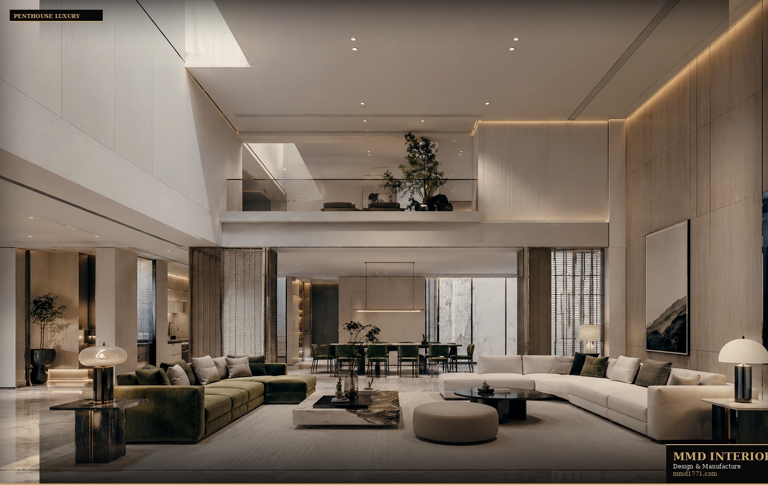 Nội thất penthouse cao cấp – phòng khách double-height ceiling