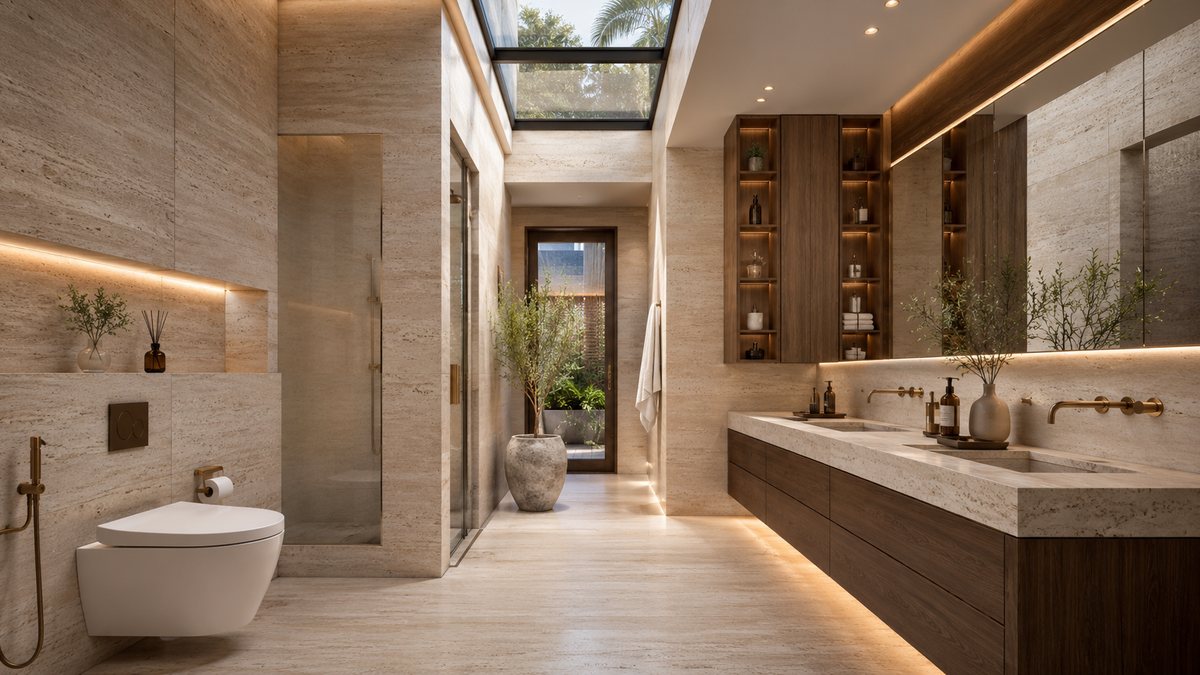 Phòng tắm ốp đá travertine toàn bộ phong cách spa nghỉ dưỡng