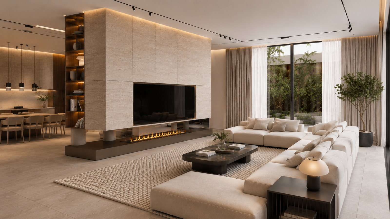 Phòng khách ốp đá travertine – vách TV nguyên khối phong cách quiet luxury