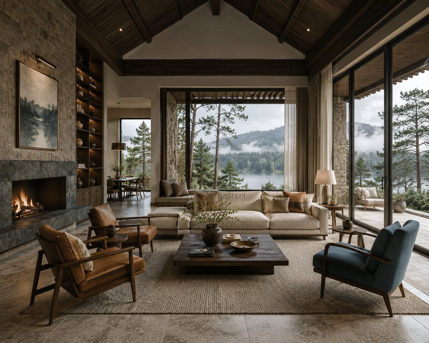Thiết kế thi công nội thất villa Đà Lạt — phòng khách lò sưởi view rừng thông