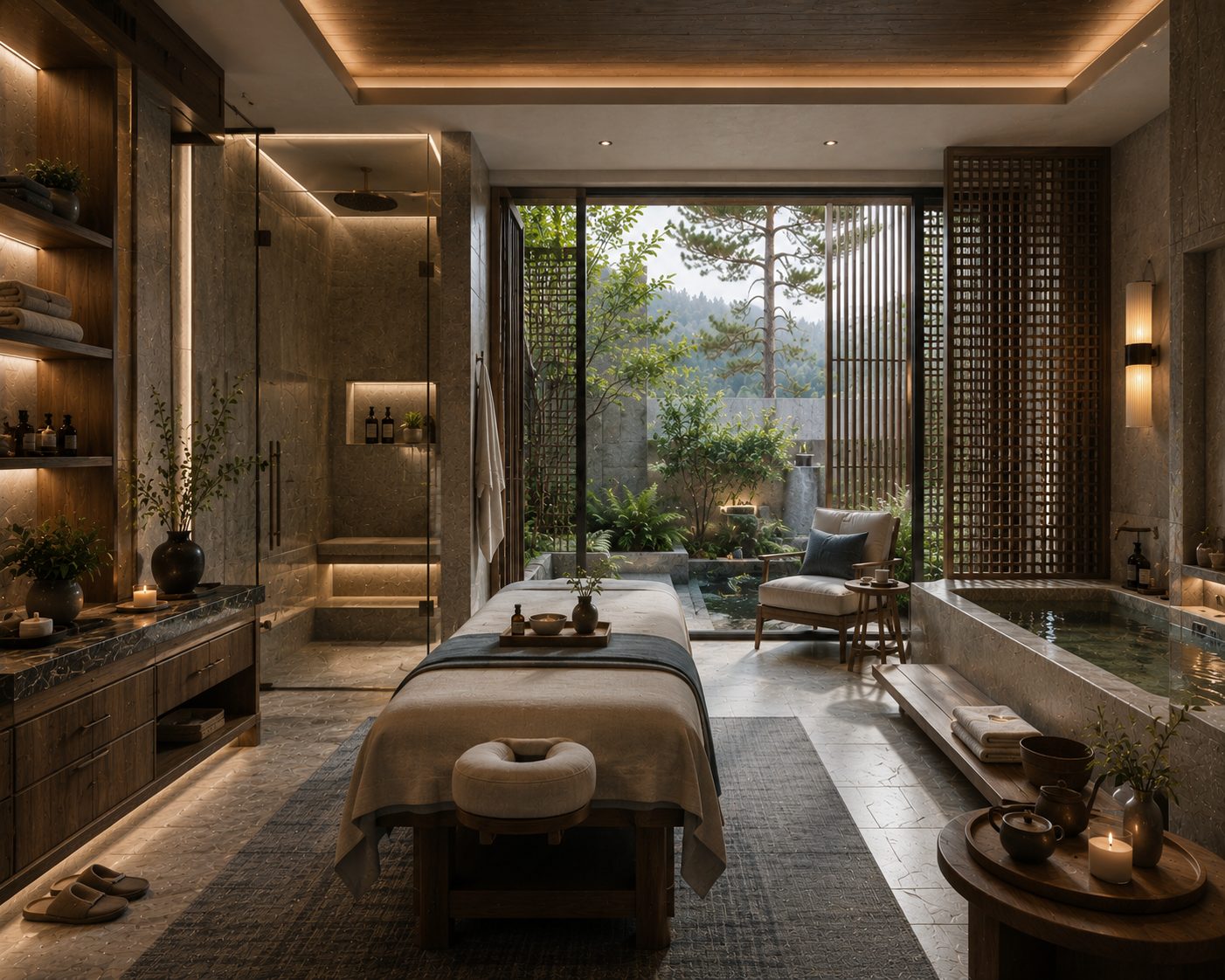 Phòng spa villa Đà Lạt — giường massage, bồn đá, vườn zen