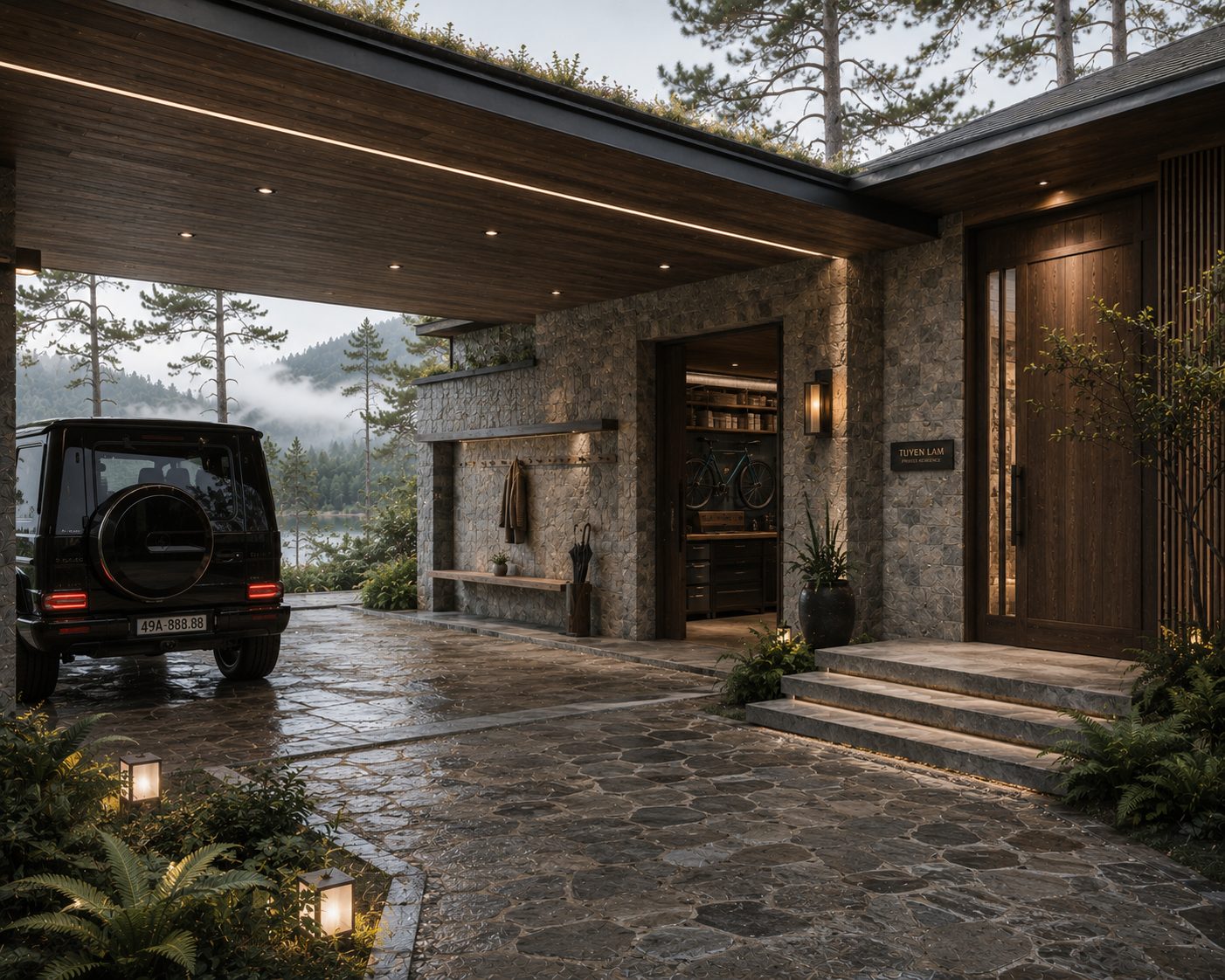 Mặt tiền villa Đà Lạt buổi tối mưa — đá tự nhiên, rừng thông, sương mù