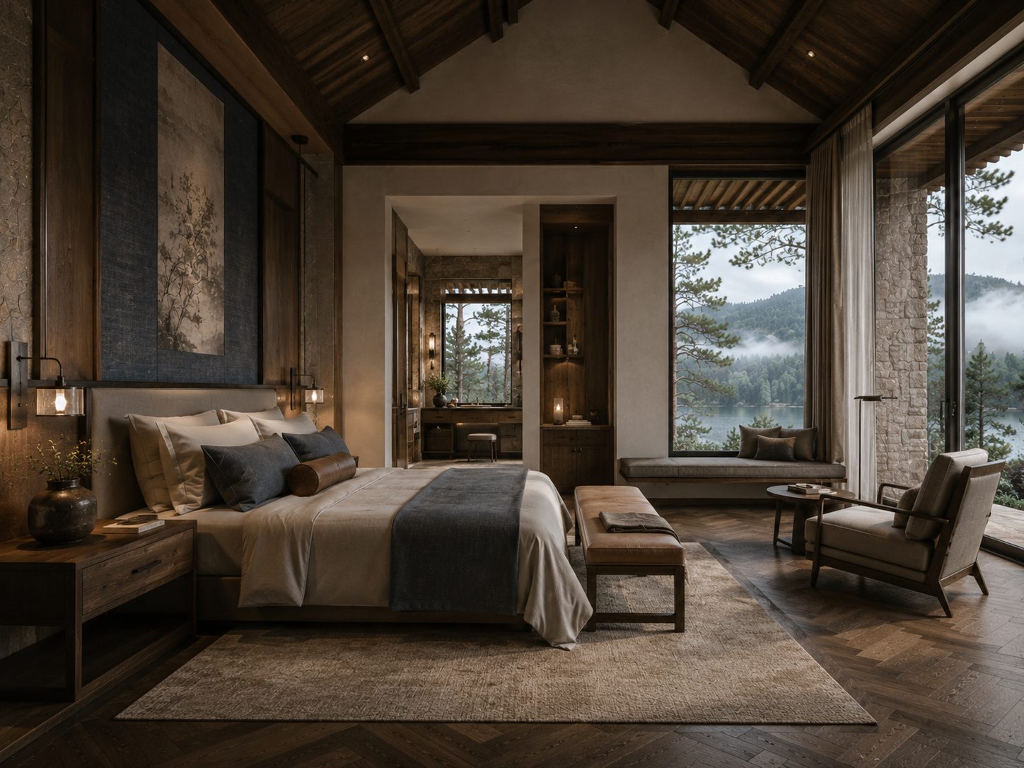 Phòng ngủ master villa Đà Lạt — gỗ tối, view hồ, cozy