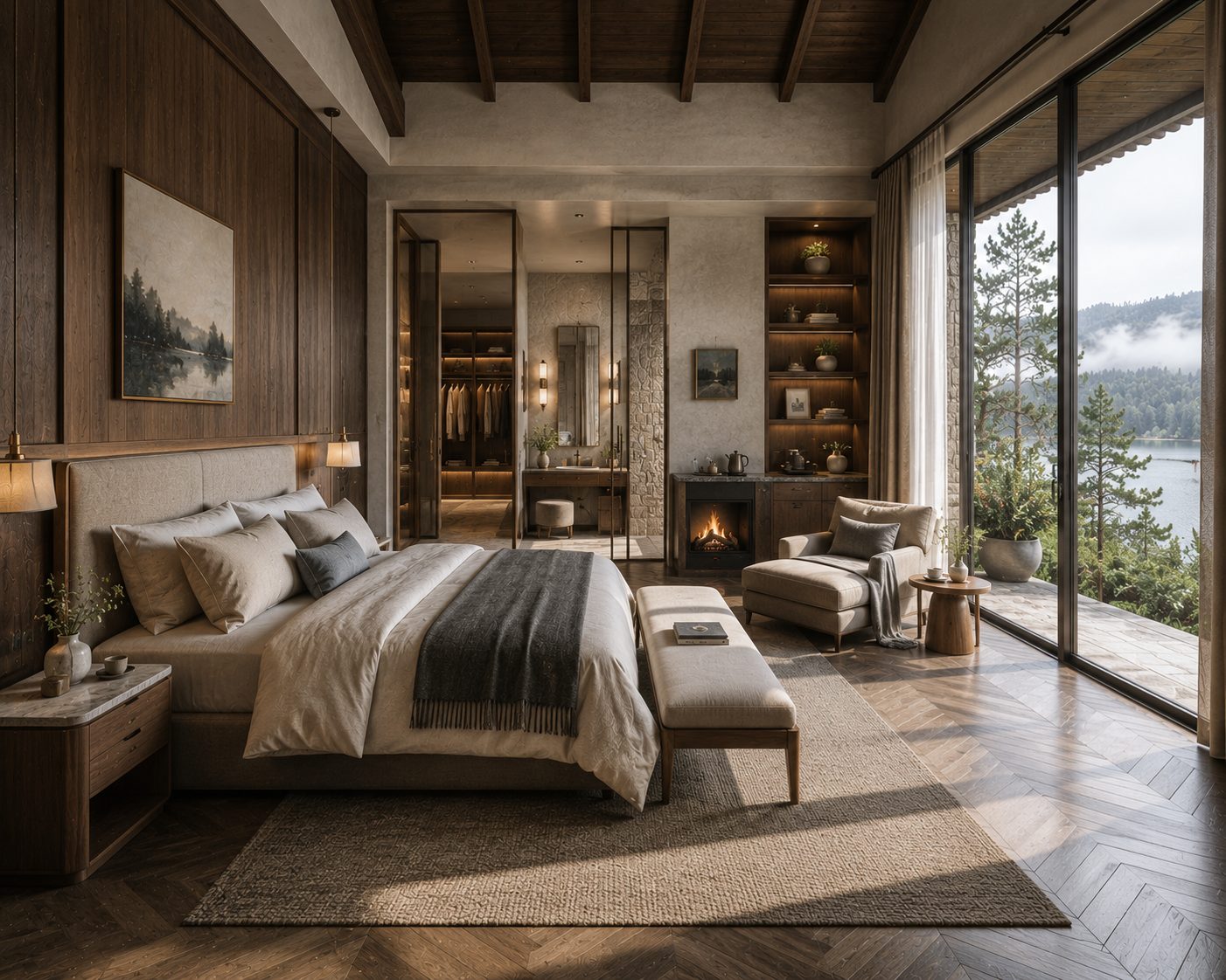 Phòng ngủ master villa Đà Lạt — gỗ walnut, lò sưởi, walk-in closet