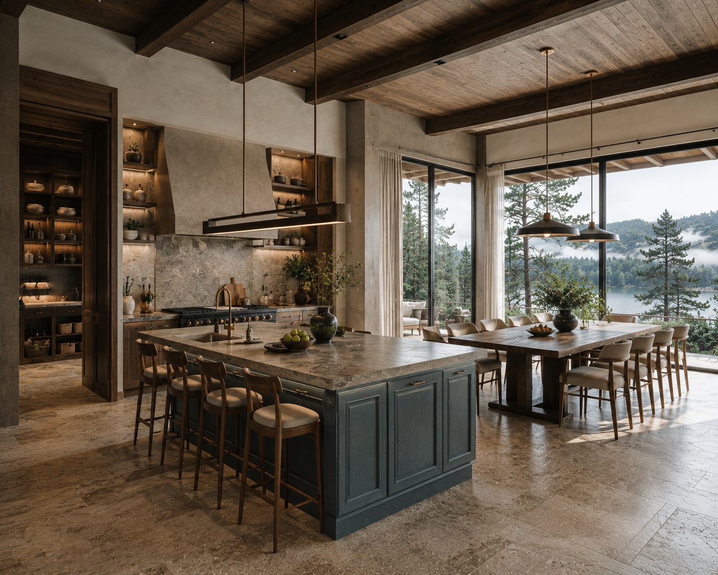 Bếp đảo + khu ăn villa Đà Lạt — đá marble, view rừng thông, đèn pendant đồng