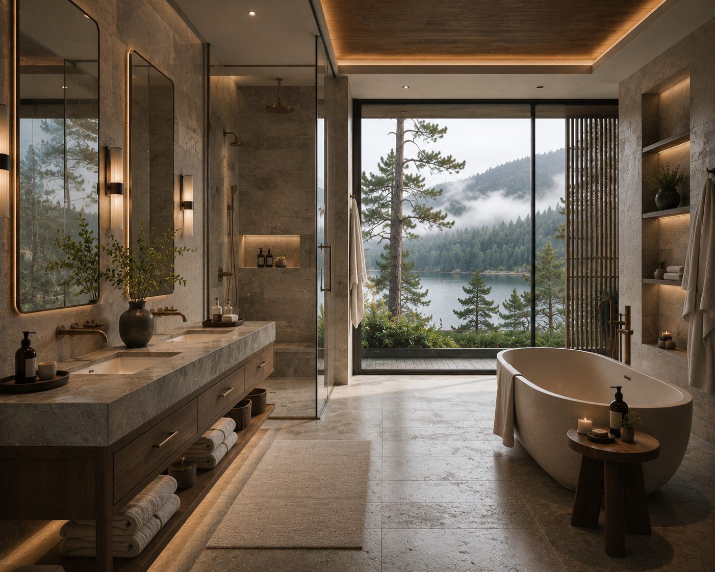 Phòng tắm villa Đà Lạt — bathtub freestanding, vách kính, view rừng thông
