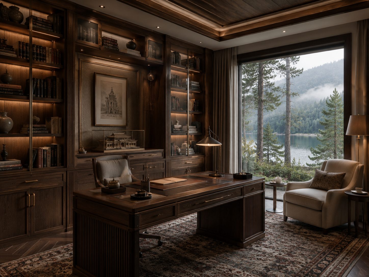 Phòng thư viện villa với đèn đồng, gỗ tối màu, ánh sáng lớp lang — tinh thần Opera Aesthetic