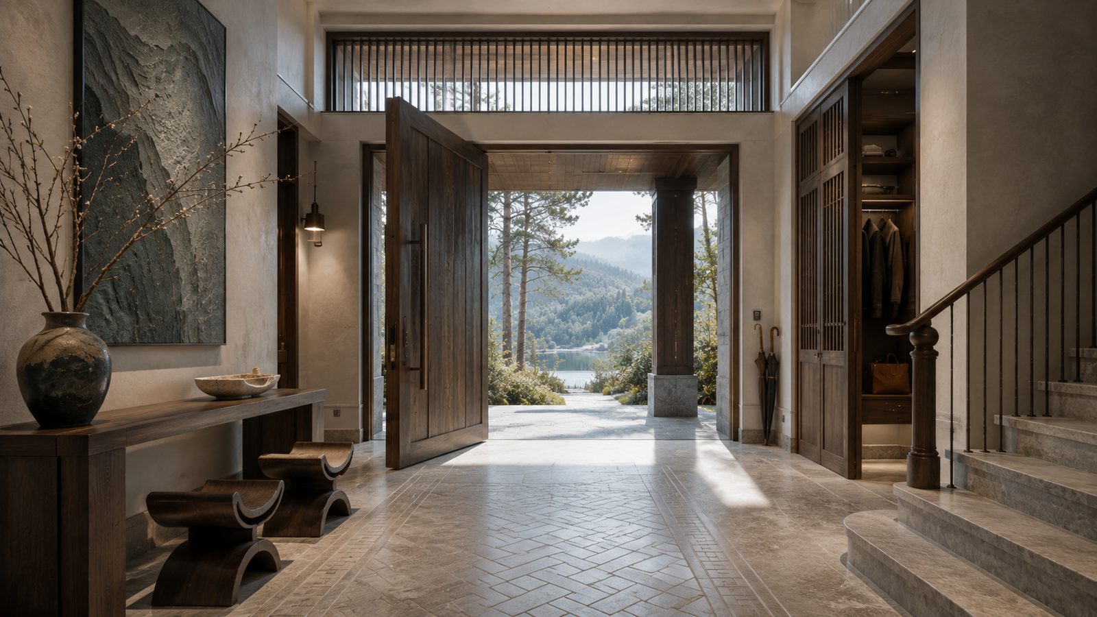 Sảnh vào villa Đà Lạt — cửa gỗ đôi lớn, sàn travertine herringbone, view hồ