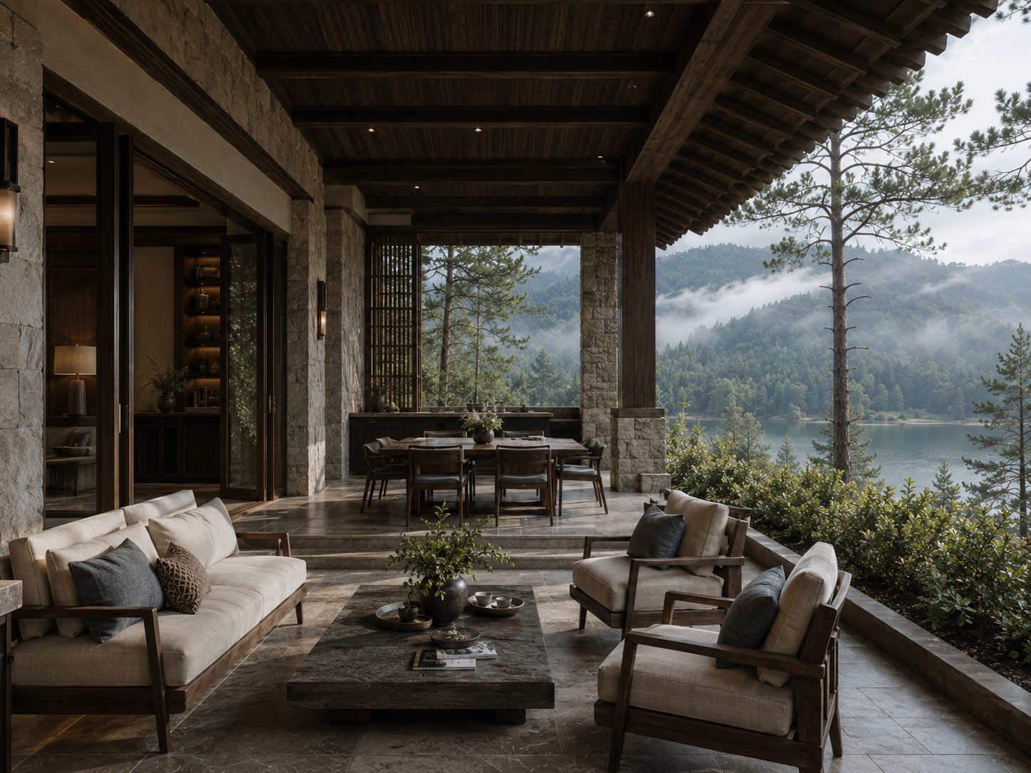Hiên ngoài trời villa Đà Lạt — sofa outdoor, bàn ăn, view hồ và núi sương mù