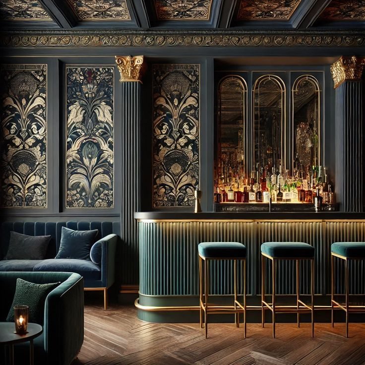 Ảnh tham khảo Opera Aesthetic — quầy bar nhung xanh navy, tường hoạ tiết vàng đồng cổ điển