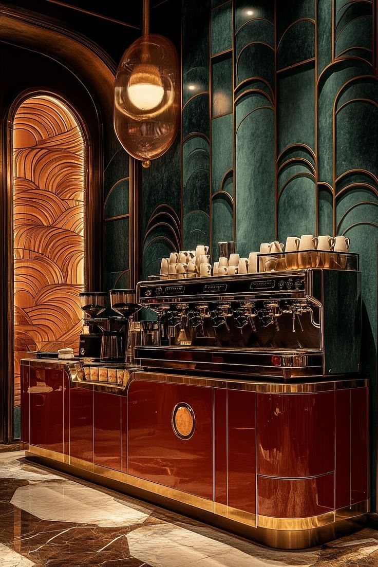 Ảnh tham khảo Opera Aesthetic — quầy bar sơn mài burgundy, tường nhung vảy cá xanh rêu, cổng vòm vàng đồng