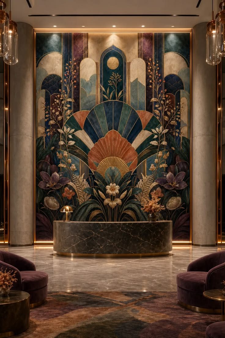 Ảnh tham khảo Opera Aesthetic — tường tranh hoạ tiết lớn, bàn lễ tân marble, ghế bành nhung tím