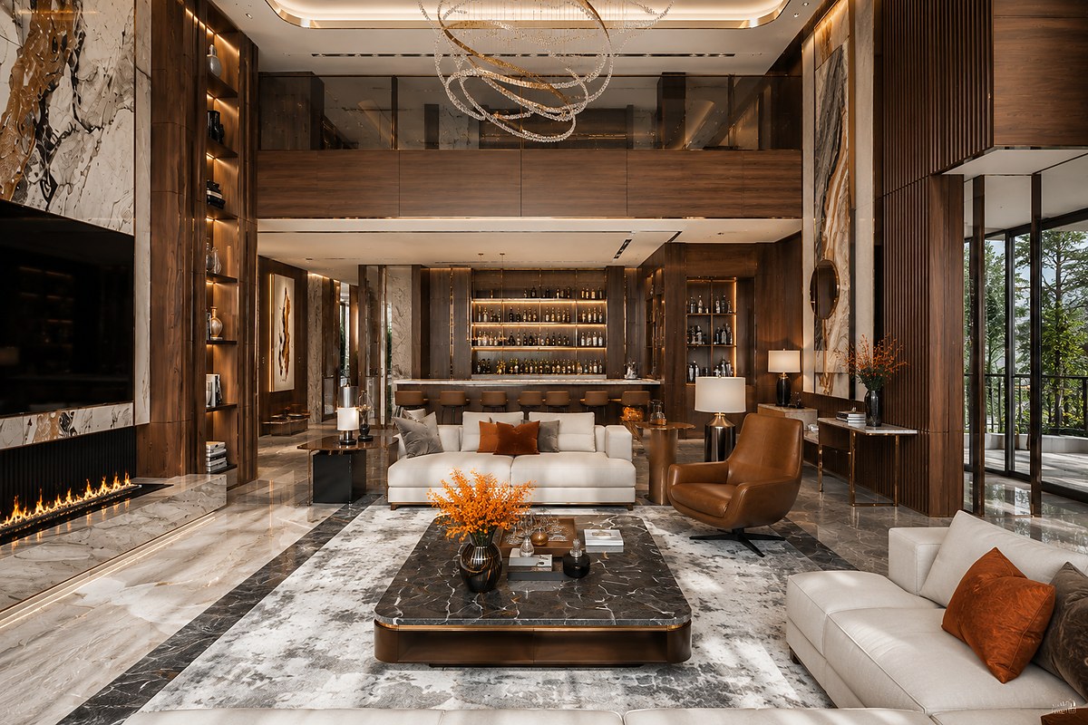 Khu vực bar lounge ốp gỗ walnut veneer toàn bộ – MMD Interior
