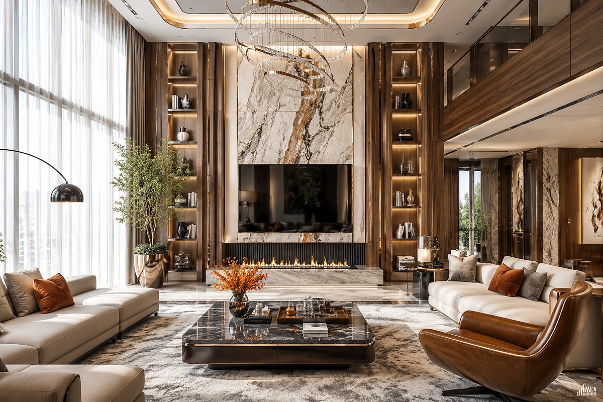 Không gian phòng khách luxury ốp gỗ óc chó veneer book-match – MMD Interior
