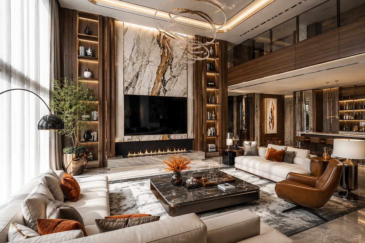 Góc nhìn phòng khách walnut luxury với hệ kệ và lò sưởi – MMD Interior