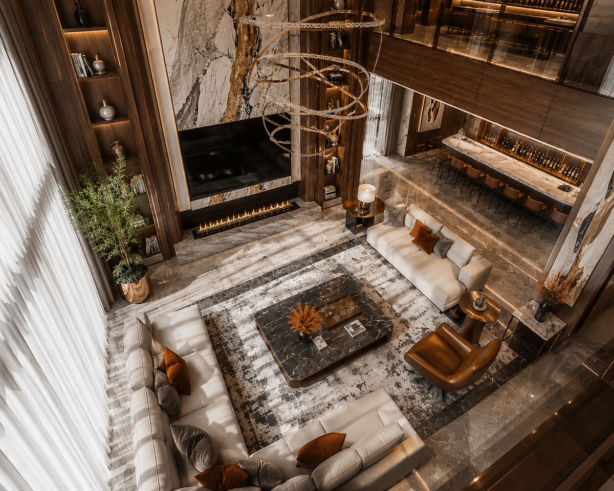 Toàn cảnh không gian thông tầng gỗ walnut nhìn từ trên xuống – MMD Interior